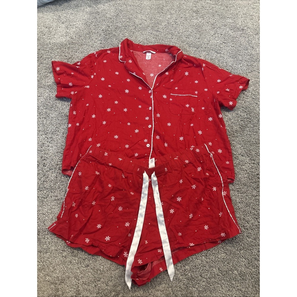 Victoria's Secret Red Snowflake Shorts And Button Shirt Pajama Set Size XL NWOT